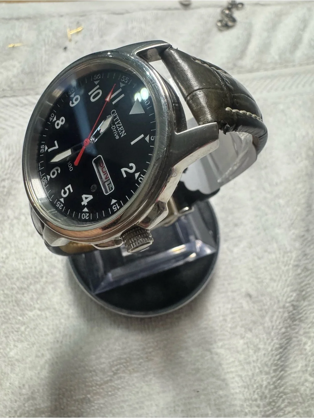 Citizen Men's Black Dial Watch with Red Second Hand and Brown Strap
